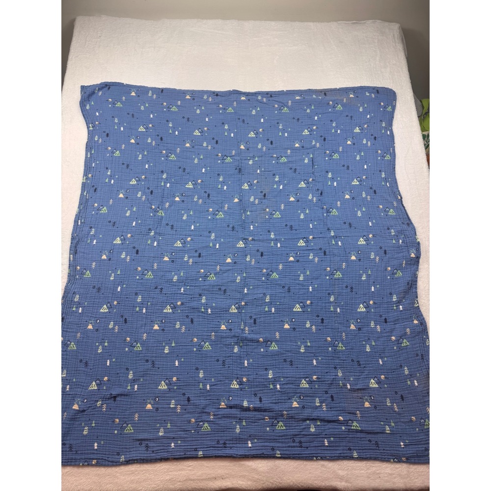 Cloud Island Blue Muslin Swaddle Blanket Camping Mountain Print 100% Cotton